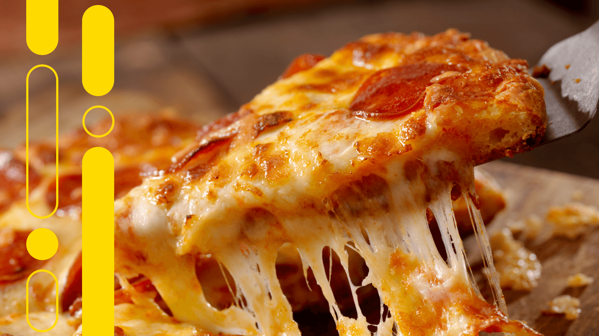 Close-up of a pizza slice being lifted, showing stretchy melted mozzarella cheese and pepperoni with golden-brown crust
