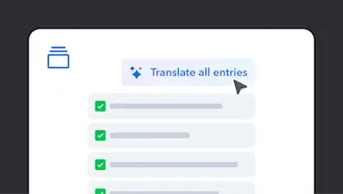 A UI screen showing a "Translate all entries" button with a cursor, and a list of checked green checkboxes below it.