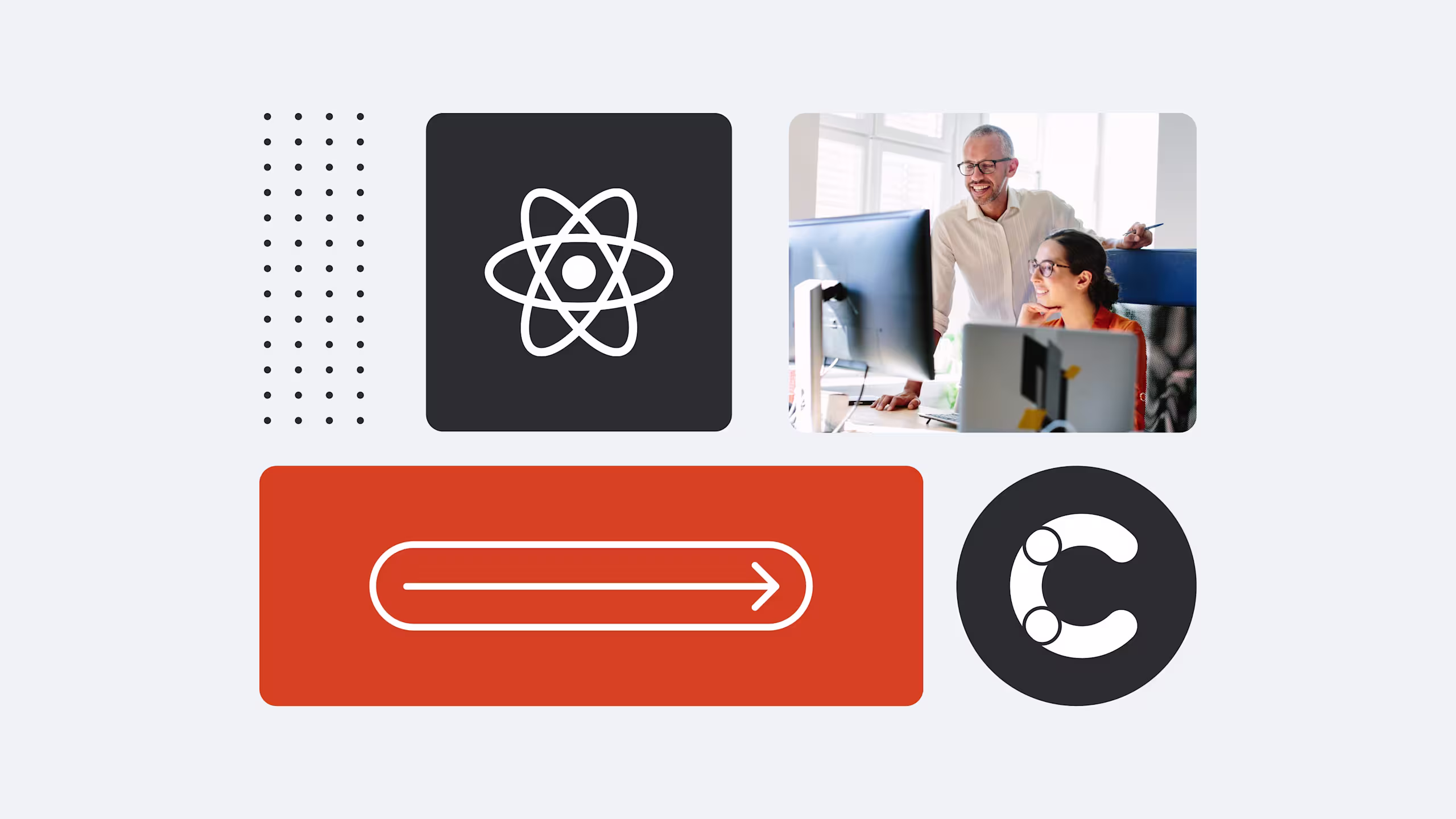 Collage showing React logo, office collaboration scene, orange arrow button, and Contentful logo against light background