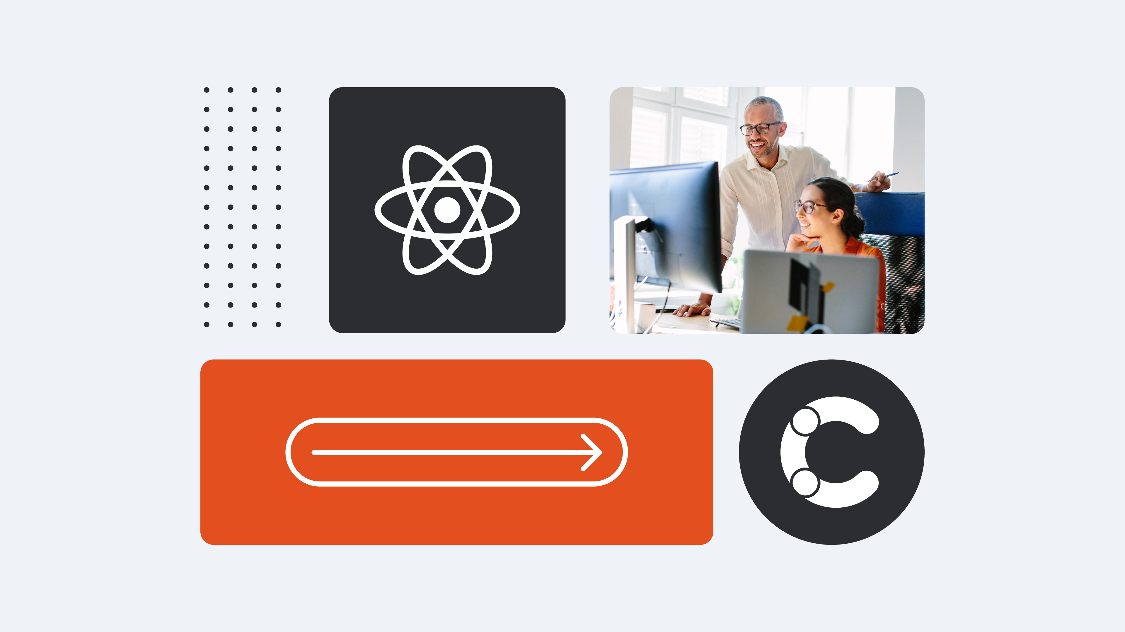 Collage showing React logo, office collaboration scene, orange arrow button, and Contentful logo against light background