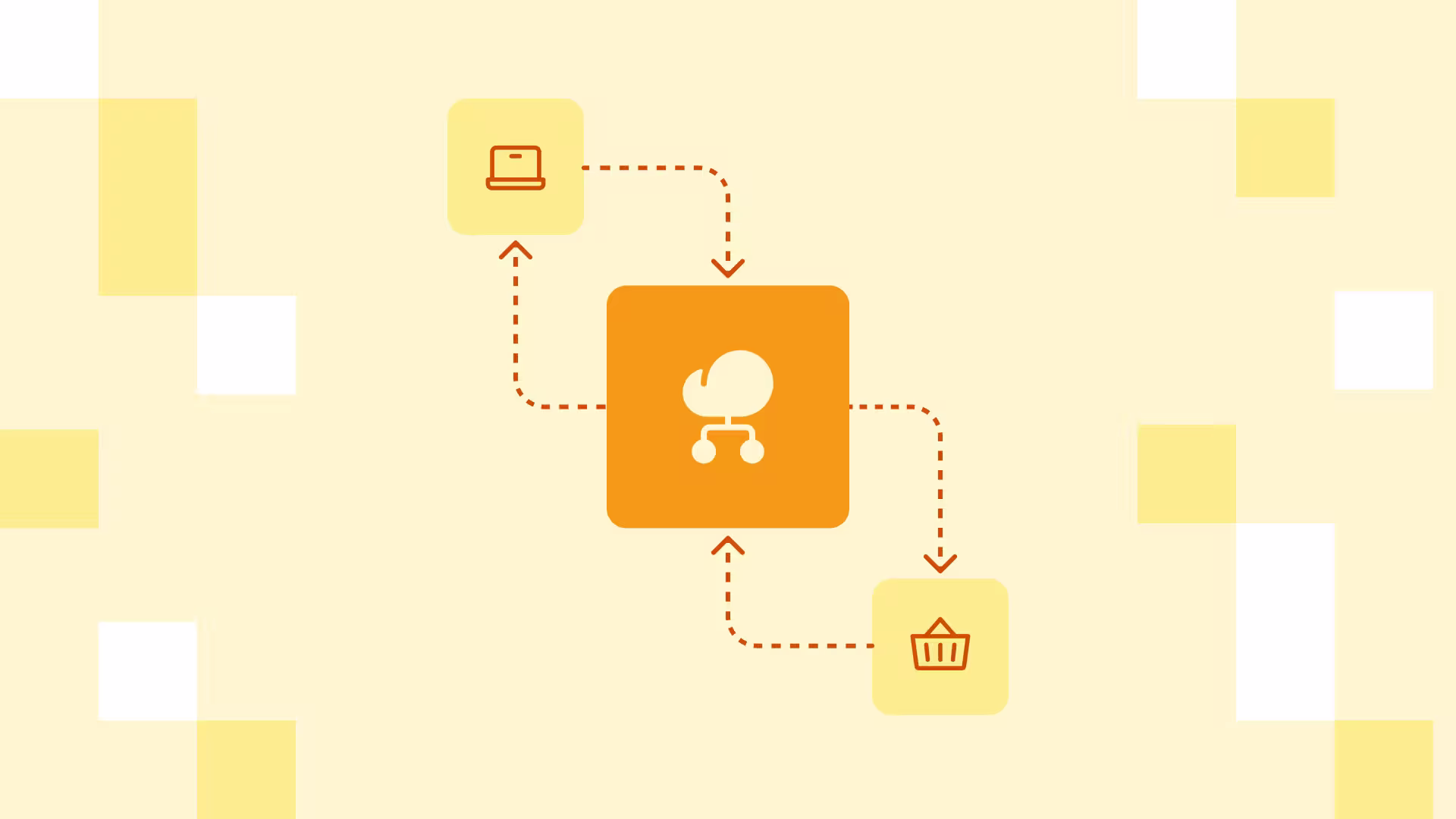 Diagram of orange cloud network icon connecting to laptop and shopping basket icons with dashed arrows.