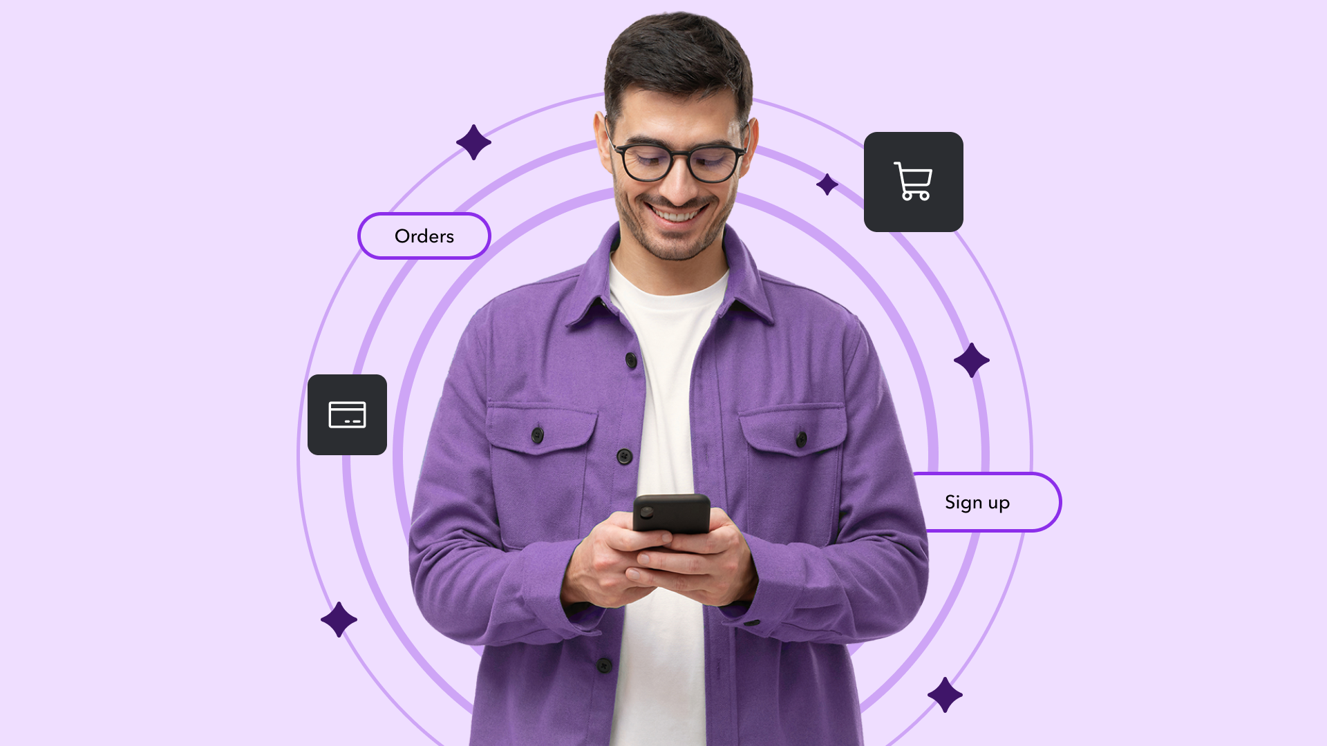 Person in purple jacket using smartphone, surrounded by circular design with ecommerce icons and "Orders" and "Sign up" labels