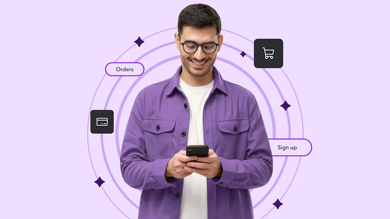 Person in purple jacket using smartphone, surrounded by circular design with ecommerce icons and "Orders" and "Sign up" labels