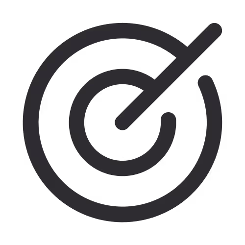 Minimalist dark gray target icon of two concentric circles with a diagonal line on a black background.