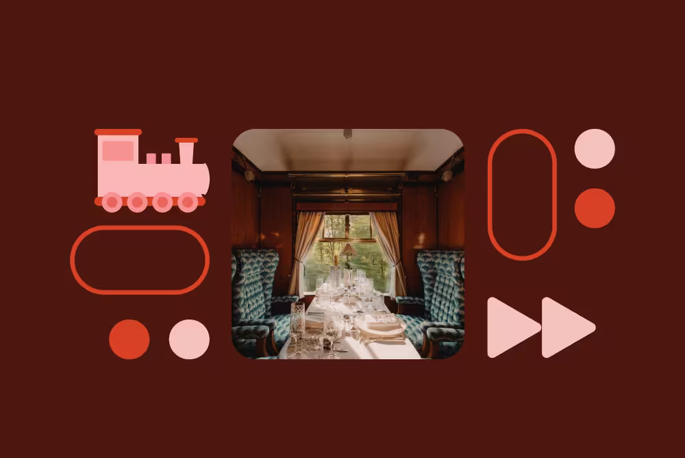 Elegant train dining car with blue tufted seats and a set table, surrounded by pink and orange graphic icons on a dark red background.