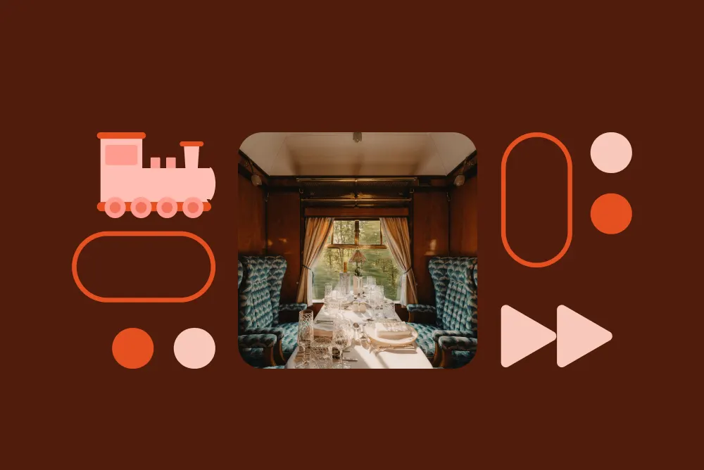 Elegant train dining car with blue tufted seats and a set table, surrounded by pink and orange graphic icons on a dark red background.