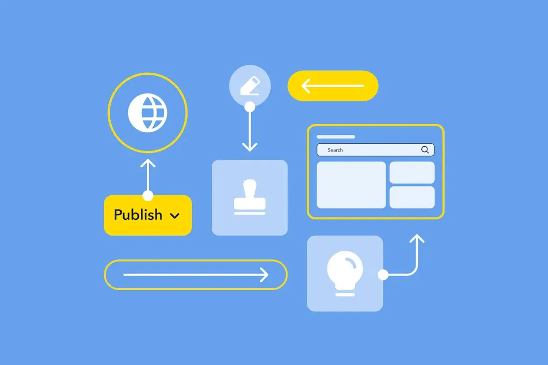 Illustration showing content publishing workflow with globe icon, search bar, and publish button on blue background with white user icons