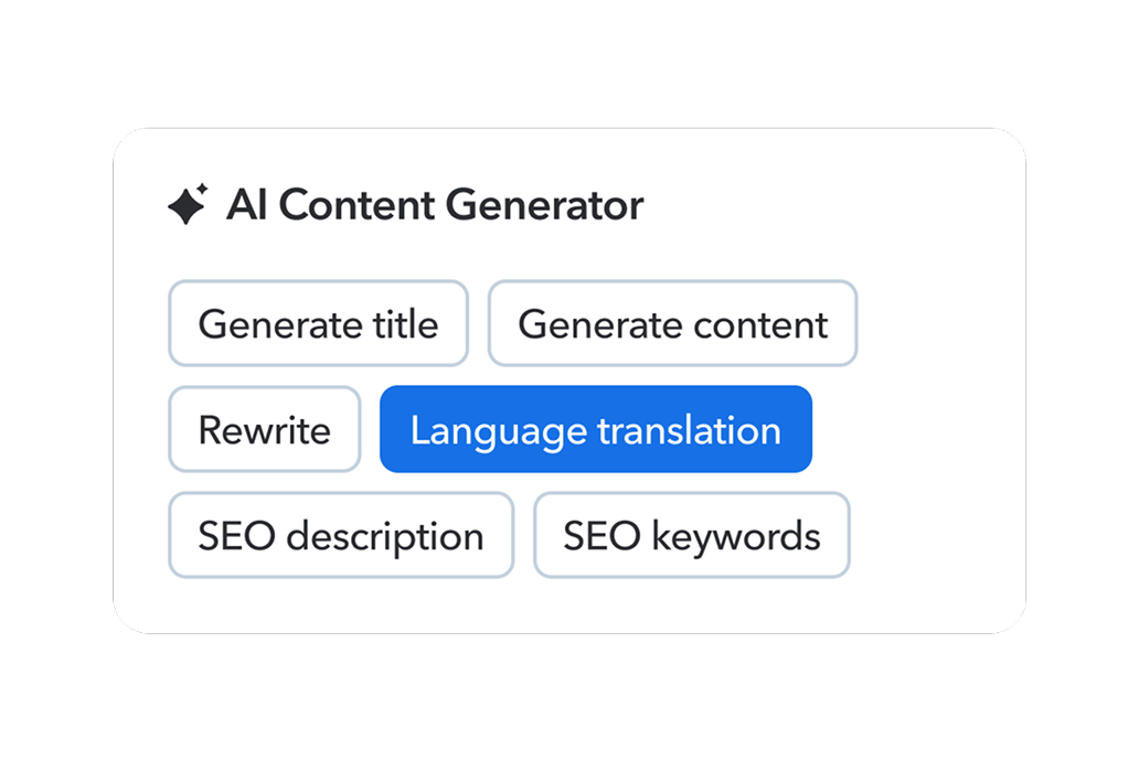 AI Content Generator interface showing six buttons: Generate title, Generate content, Rewrite, Language translation, and SEO options