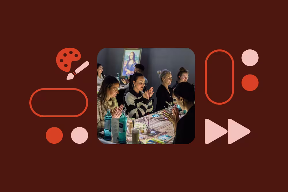 Group of people enjoying a painting class at a table with art supplies, Mona Lisa print in background, on a dark red graphic layout.