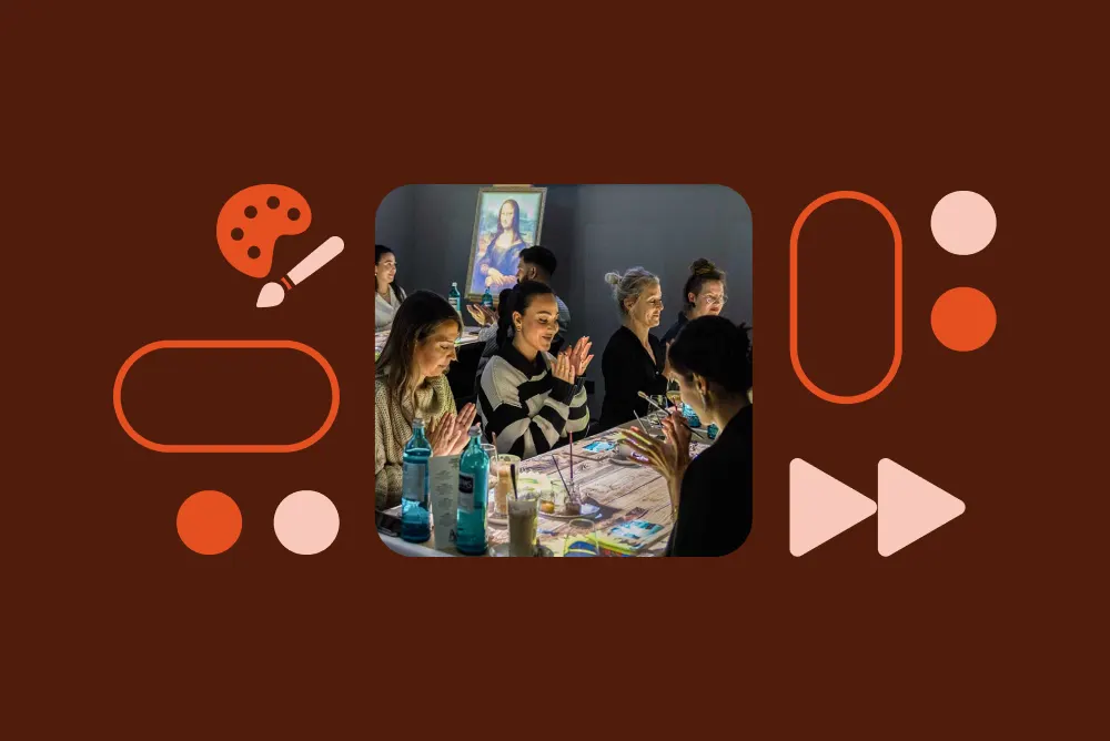 Group of people enjoying a painting class at a table with art supplies, Mona Lisa print in background, on a dark red graphic layout.