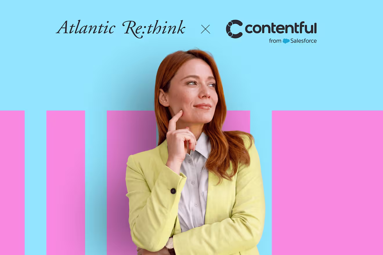 A thoughtful woman in a yellow blazer poses against a blue and pink striped background with Atlantic Re:think and Contentful logos.