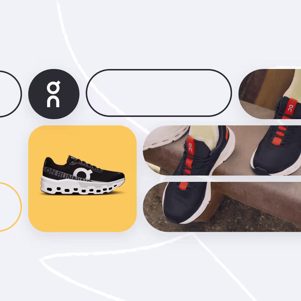 Collage of On running shoes, brand logo, and lifestyle photography on grey background