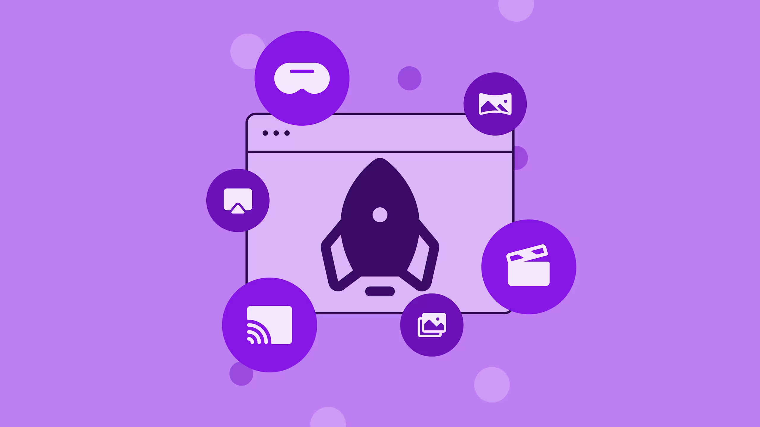 Purple illustration of a rocket in a browser window surrounded by icons for VR, images, video, casting, and media on a purple background.