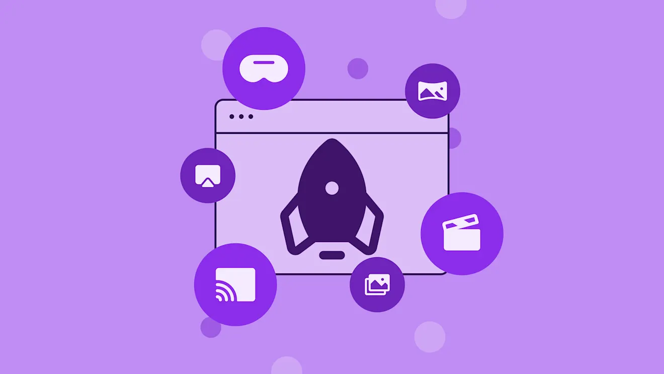 Purple illustration of a rocket in a browser window surrounded by icons for VR, images, video, casting, and media on a purple background.