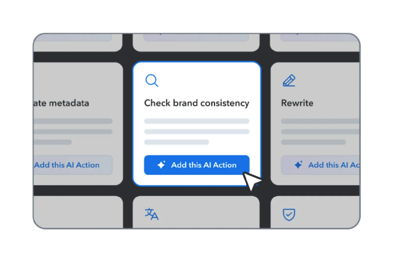 Grid of Contentful AI Suggestions with a mouse highlighting one to check brand consistency.