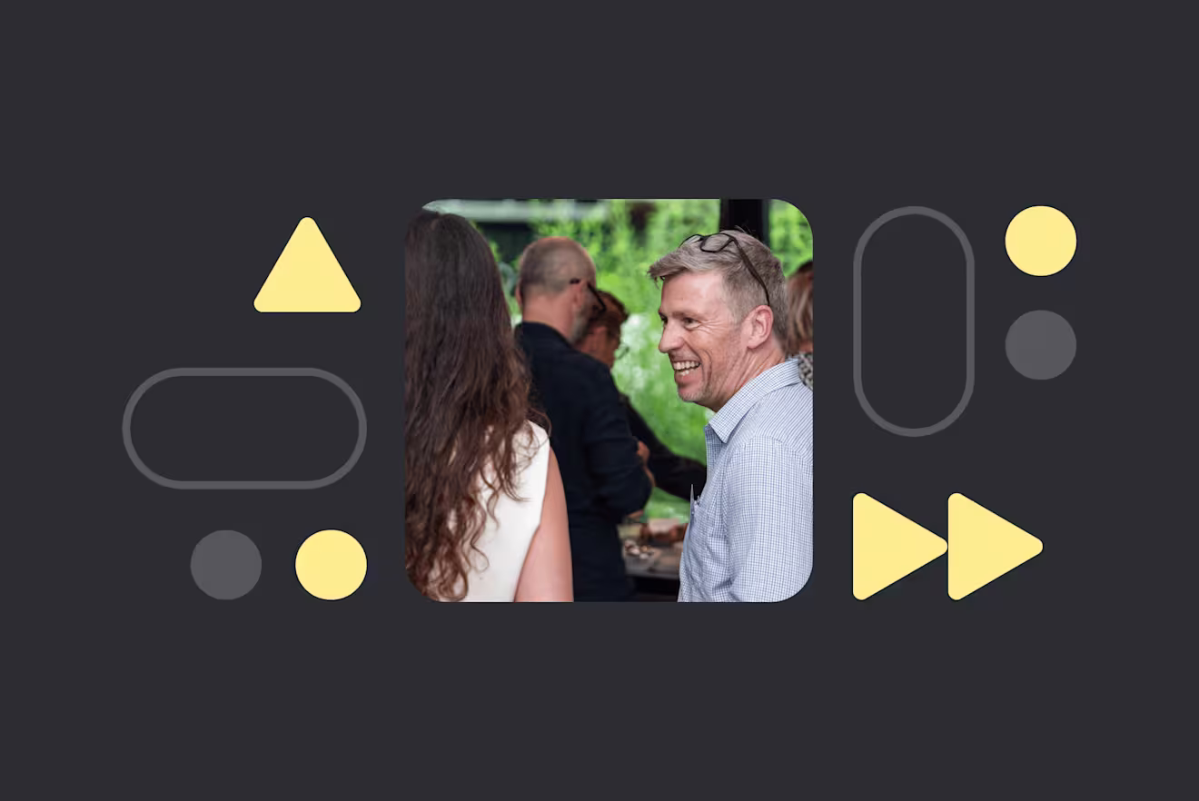 A group of people engaged in casual conversation at an outdoor gathering, with yellow geometric shapes decorating the dark background.
