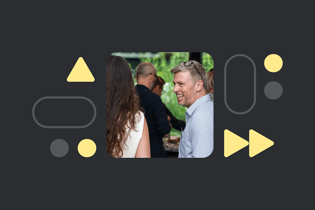 A group of people engaged in casual conversation at an outdoor gathering, with yellow geometric shapes decorating the dark background.