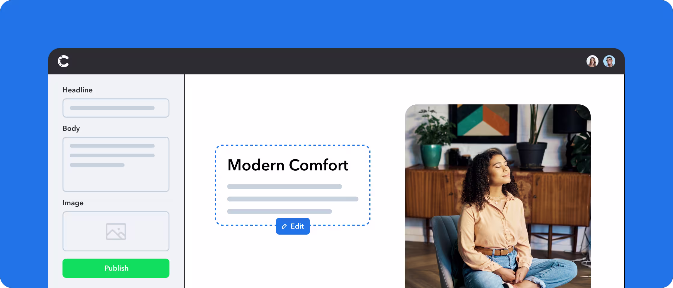 Stylized user-interface showing Contentful content editing features.
