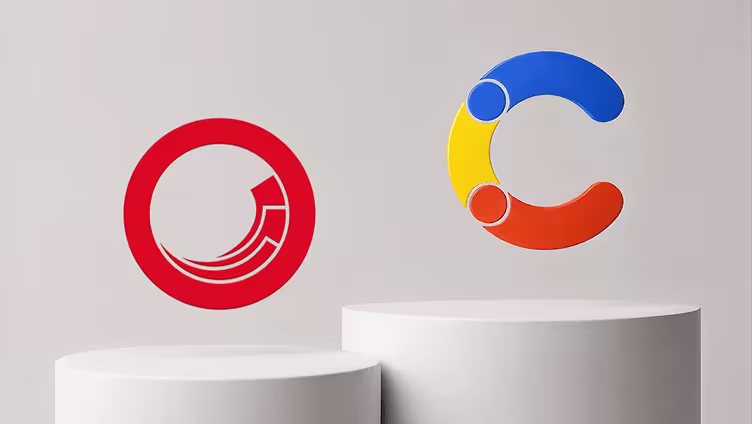 Two logos on white pedestals: the red Sitecore logo and the Contentful logo in blue, yellow, and orange, sitting higher on its pedestal.