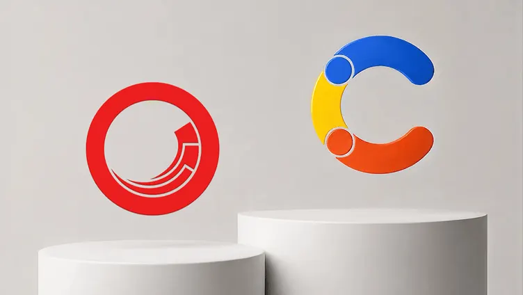 Two logos on white pedestals: the red Sitecore logo and the Contentful logo in blue, yellow, and orange, sitting higher on its pedestal.