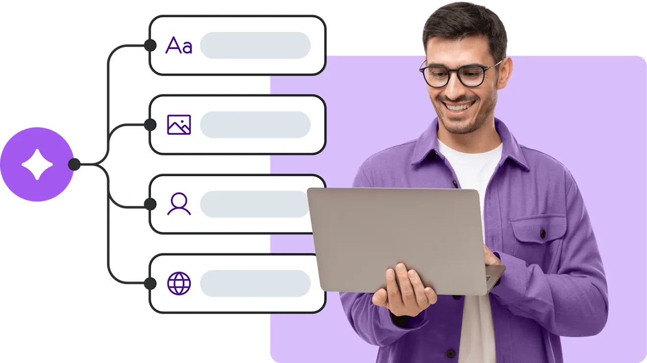 Smiling man in purple shirt holding a laptop, beside a purple AI icon connected to text, image, user, and web fields.