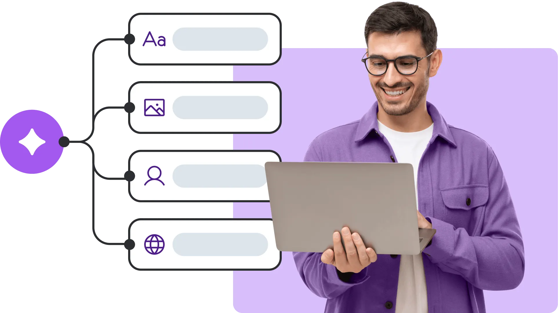 Smiling man in purple shirt holding a laptop, beside a purple AI icon connected to text, image, user, and web fields.