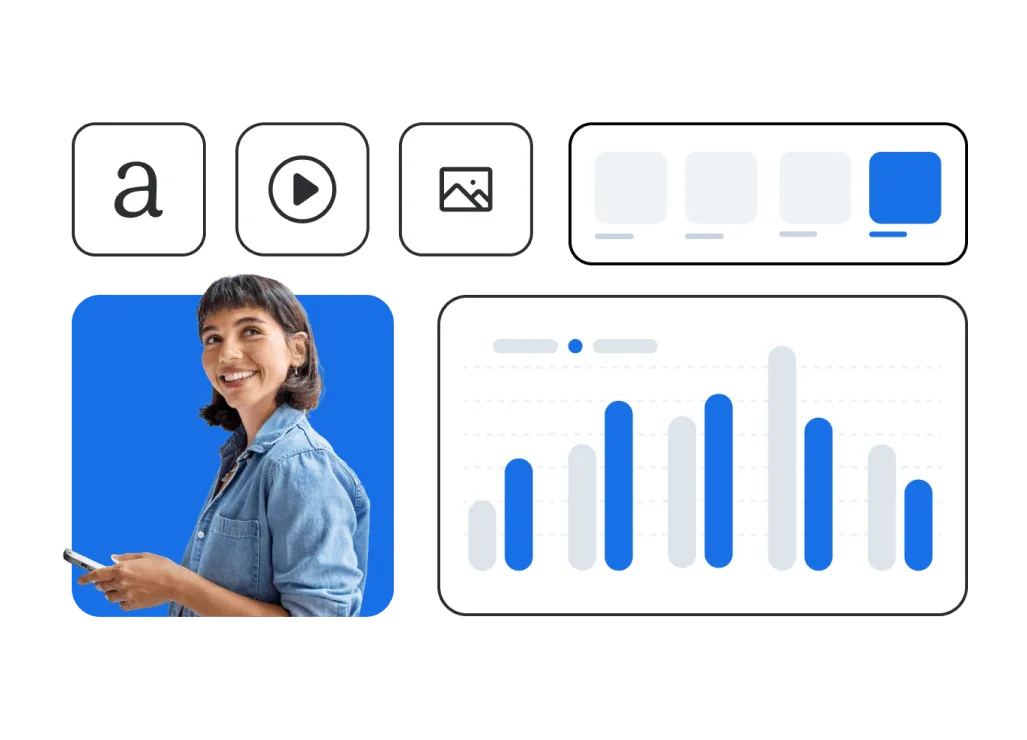 Content management interface showing text, video, and image icons, with a profile photo and analytics graph display