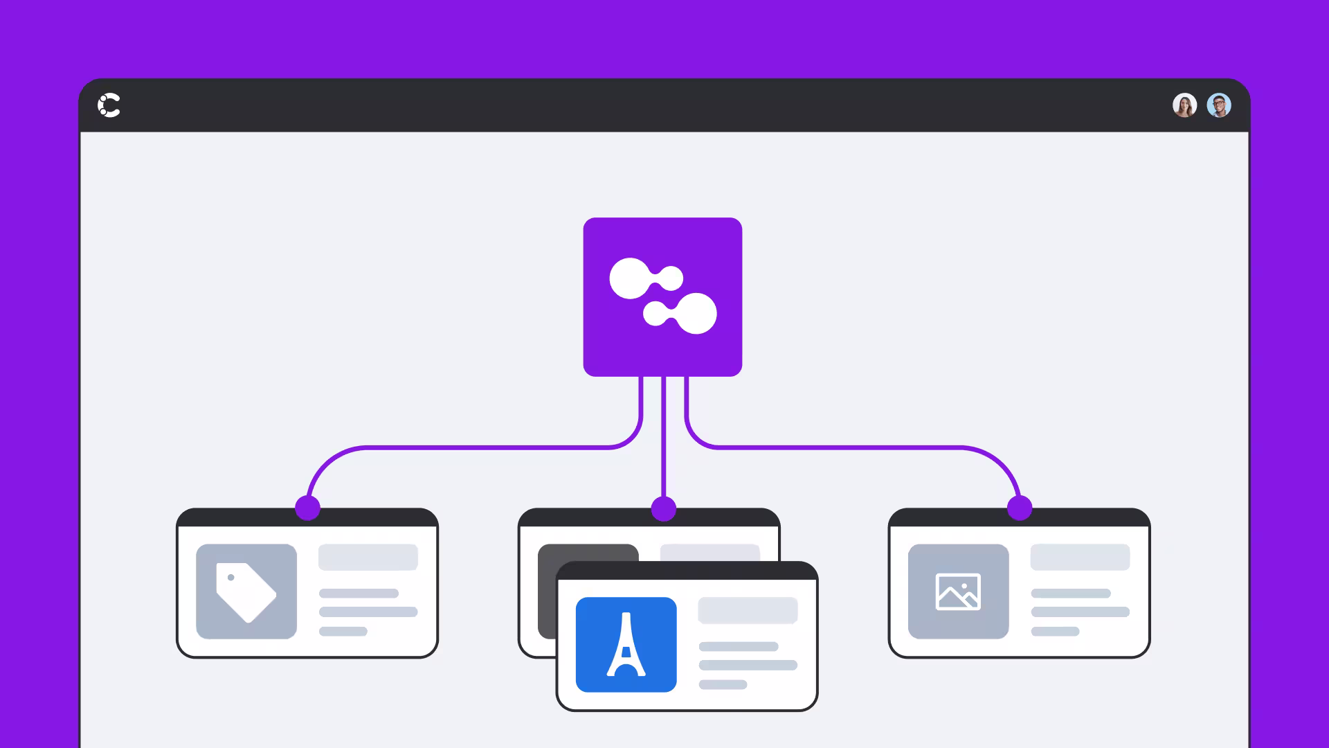 Illustration showing a purple connection hub linking three content cards, with icons for tags, Eiffel Tower, and images