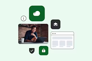 Professional working on laptop surrounded by digital security icons including locks, shields, and email symbols in green and black