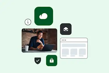 Professional working on laptop surrounded by digital security icons including locks, shields, and email symbols in green and black