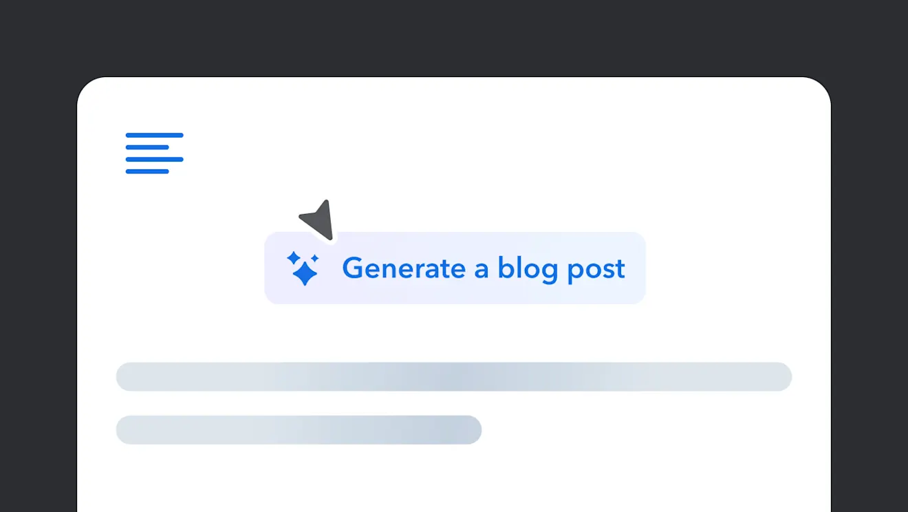 A minimalist interface showing a "Generate a blog post" button in blue, with placeholder text bars and a cursor pointer above