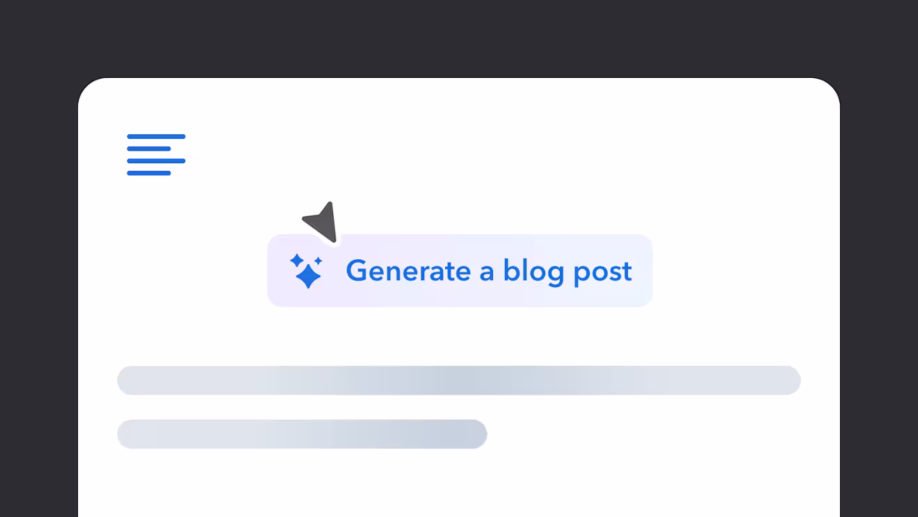A minimalist interface showing a "Generate a blog post" button in blue, with placeholder text bars and a cursor pointer above