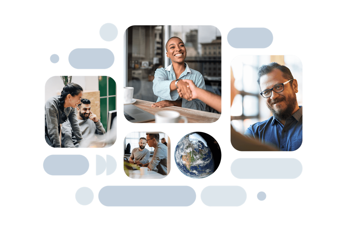 Collage of business professionals in various workplace settings with Earth image, showing collaboration and global connectivity