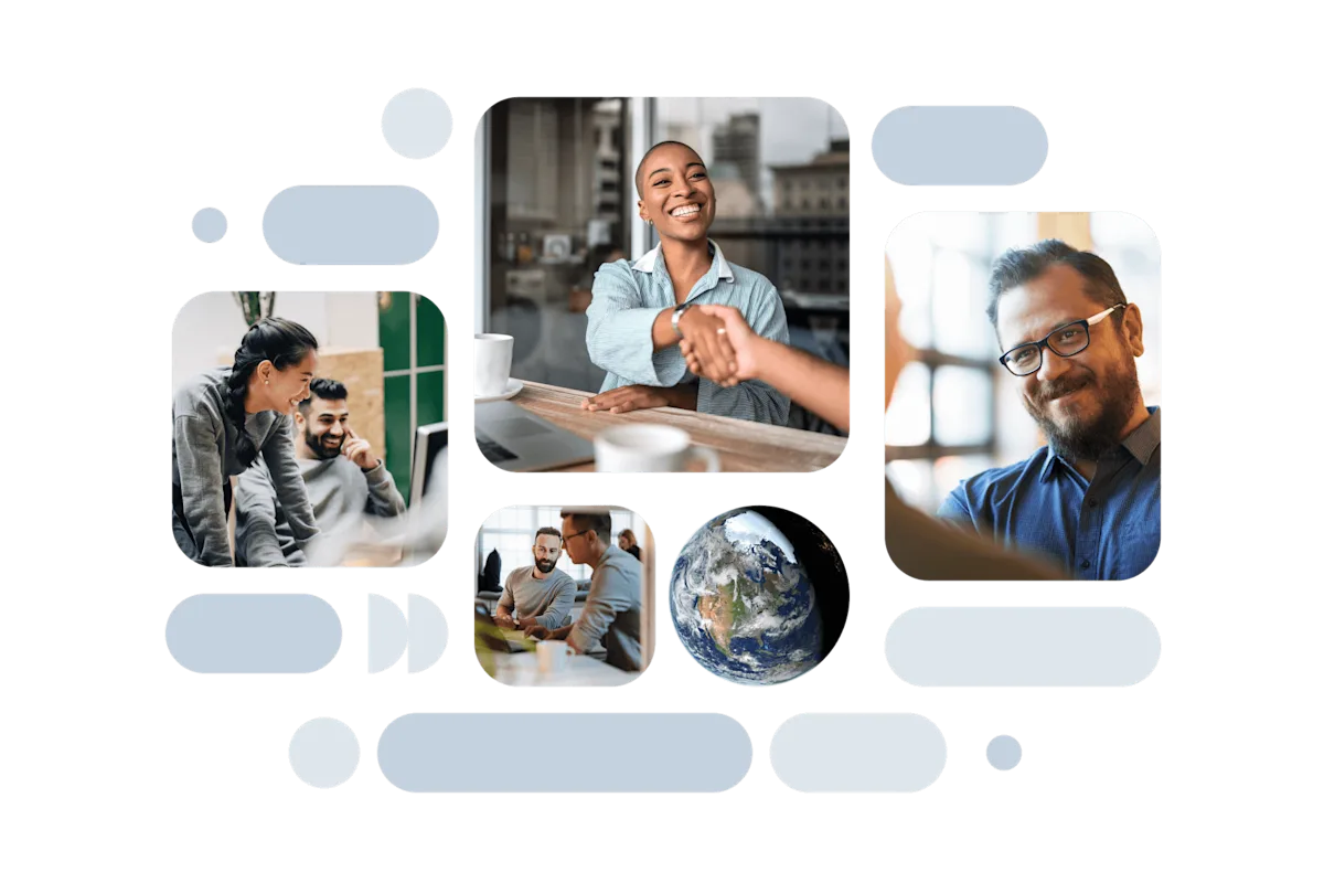 Collage of business professionals in various workplace settings with Earth image, showing collaboration and global connectivity