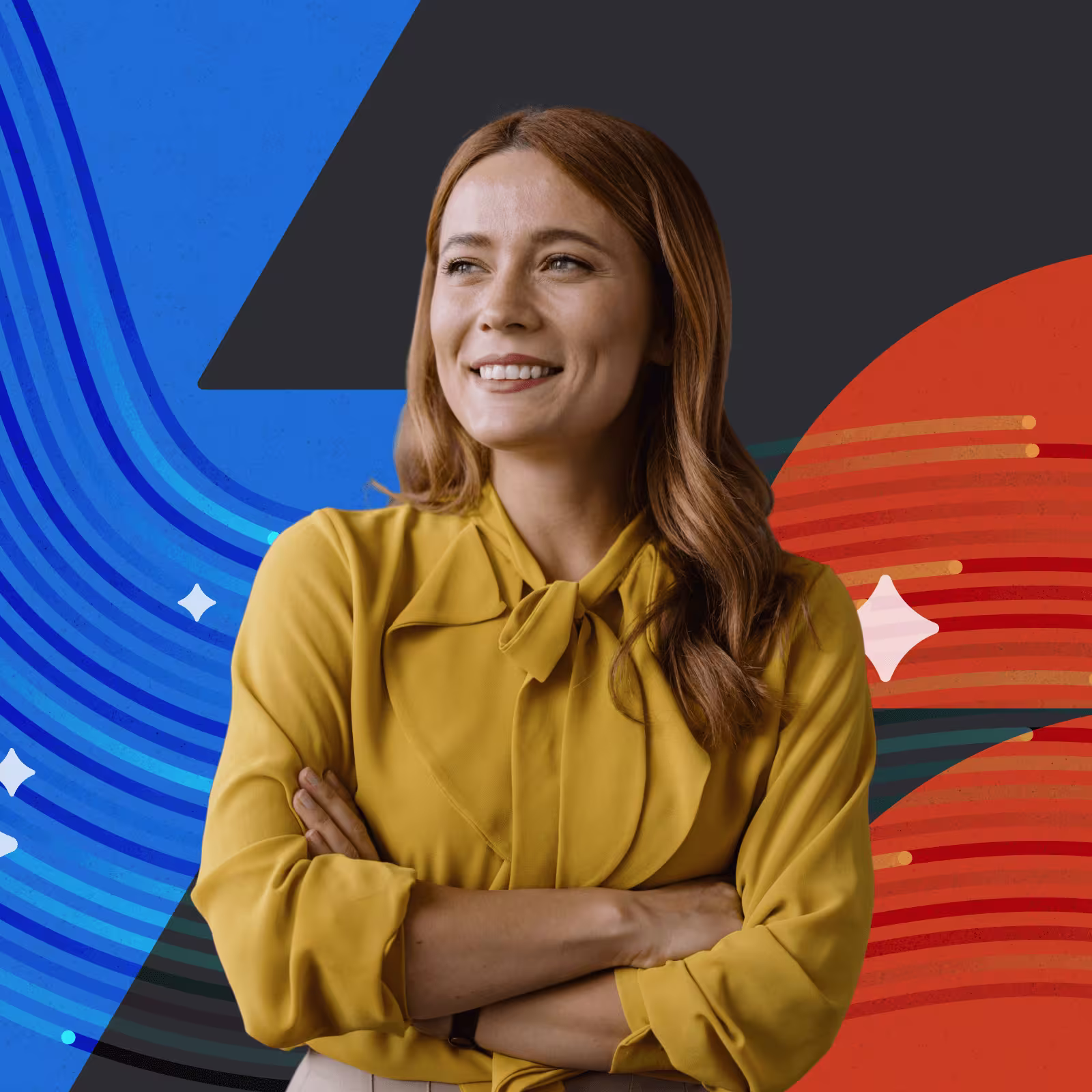 Smiling woman in a yellow blouse against a dark abstract background with blue and orange curved shapes.