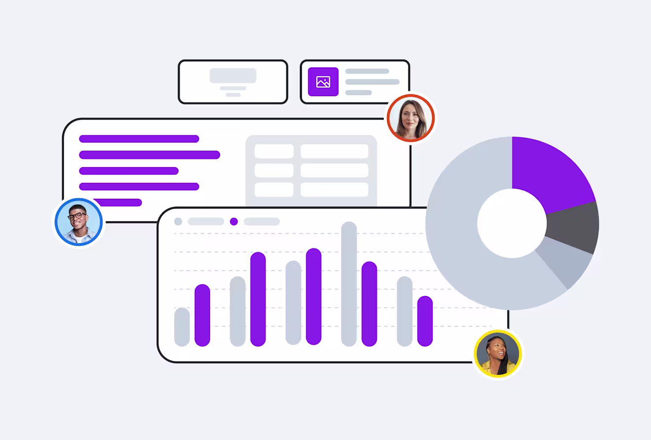Business analytics dashboard showing bar graph and pie chart with profile avatars, featuring purple and gray data visualization elements