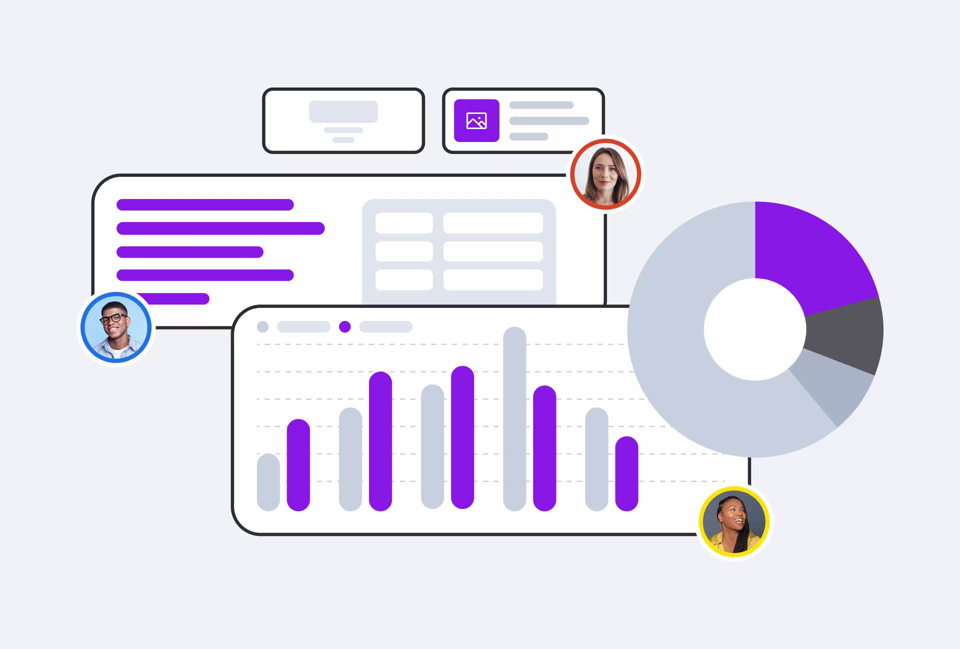 Business analytics dashboard showing bar graph and pie chart with profile avatars, featuring purple and gray data visualization elements