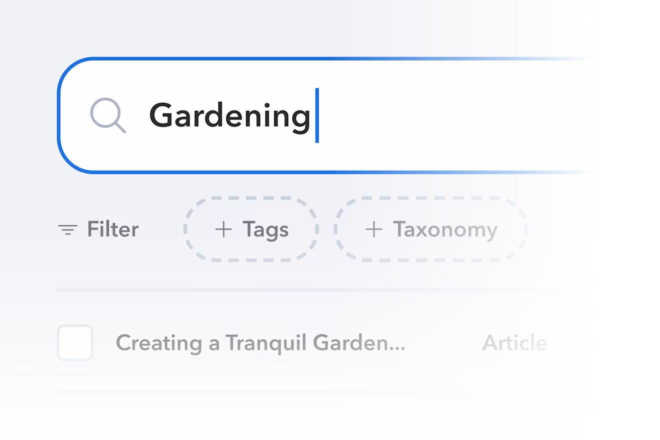 Search bar with a query and a tag/filter panel below it, illustrating flexible taxonomy-driven content discovery.