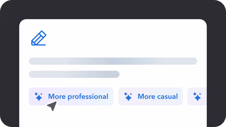 Text editor interface with blue pencil icon and tone adjustment buttons showing "More professional" and "More casual" options