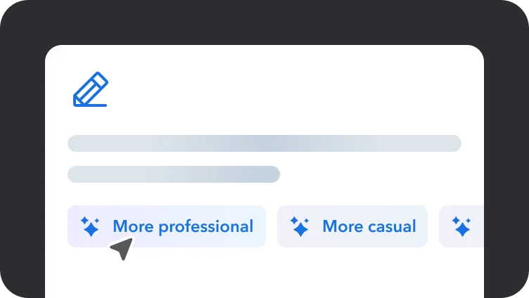 Text editor interface with blue pencil icon and tone adjustment buttons showing "More professional" and "More casual" options