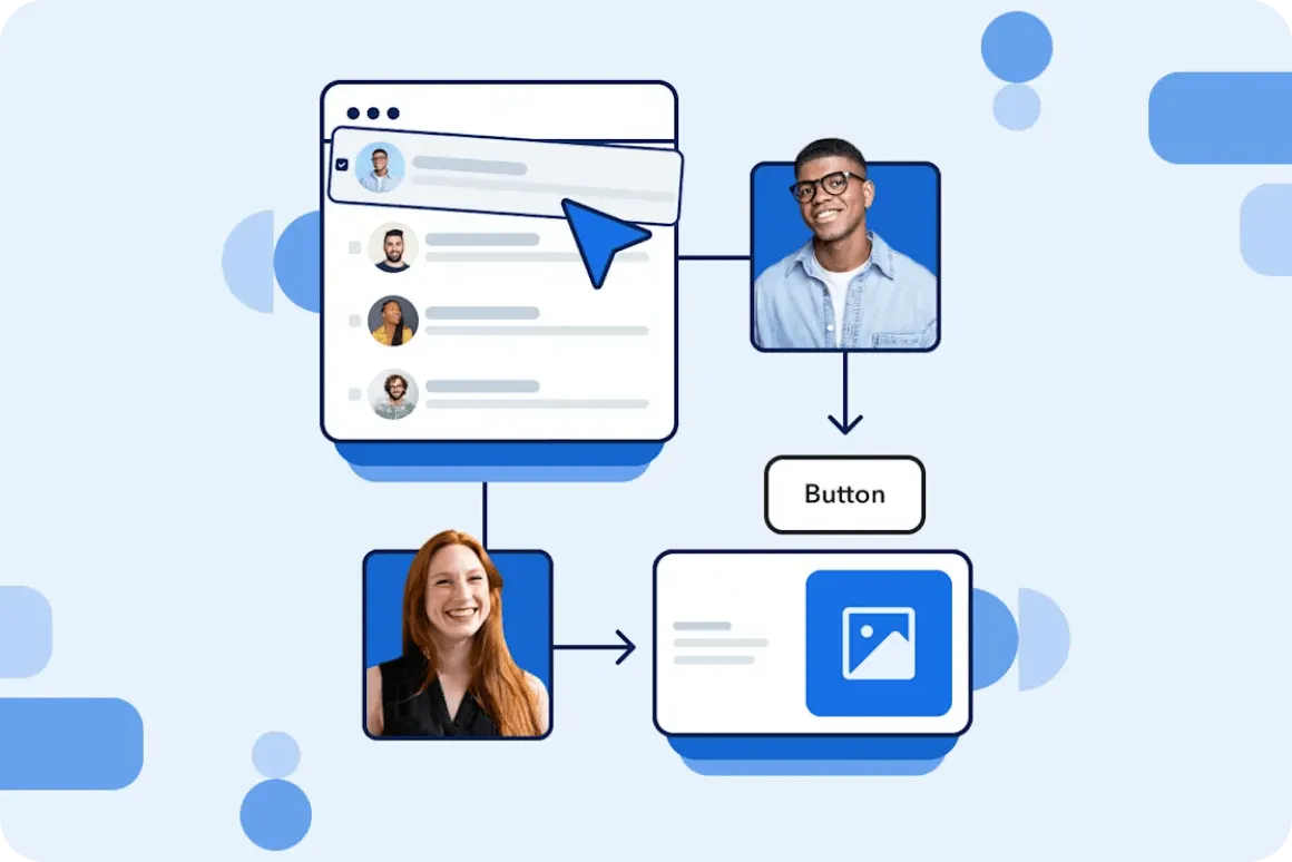Illustration of a UI workflow with user profiles, a cursor, arrows connecting to profile photos, a button, and an image placeholder.