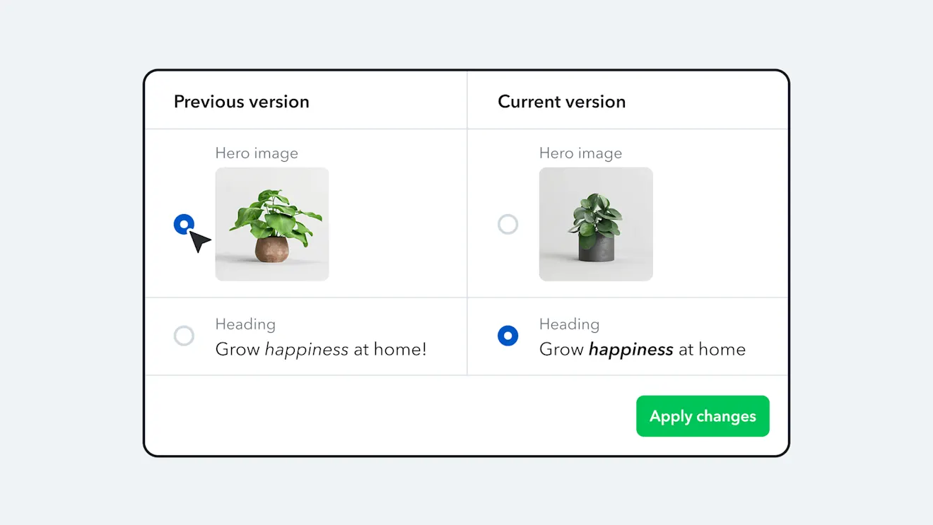 Contentful's Version history interface showing previous and current versions of a webpage with differing potted plant images and "Grow Happiness" headings