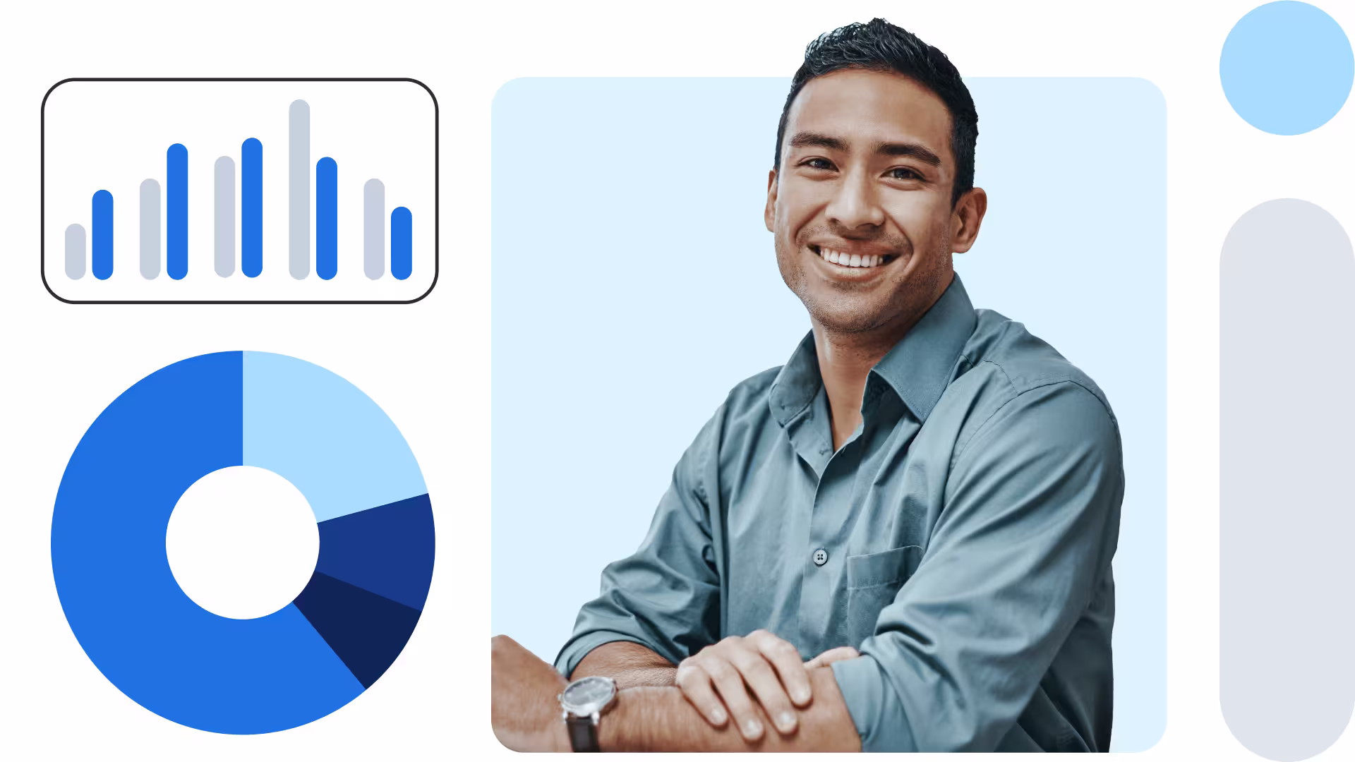 A smiling man in a grey shirt with arms crossed, beside a bar chart and a blue donut chart.