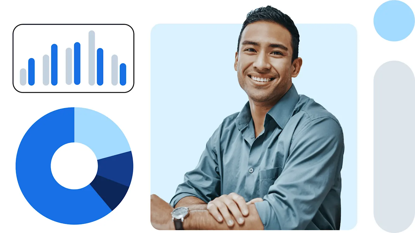 A smiling man in a grey shirt with arms crossed, beside a bar chart and a blue donut chart.