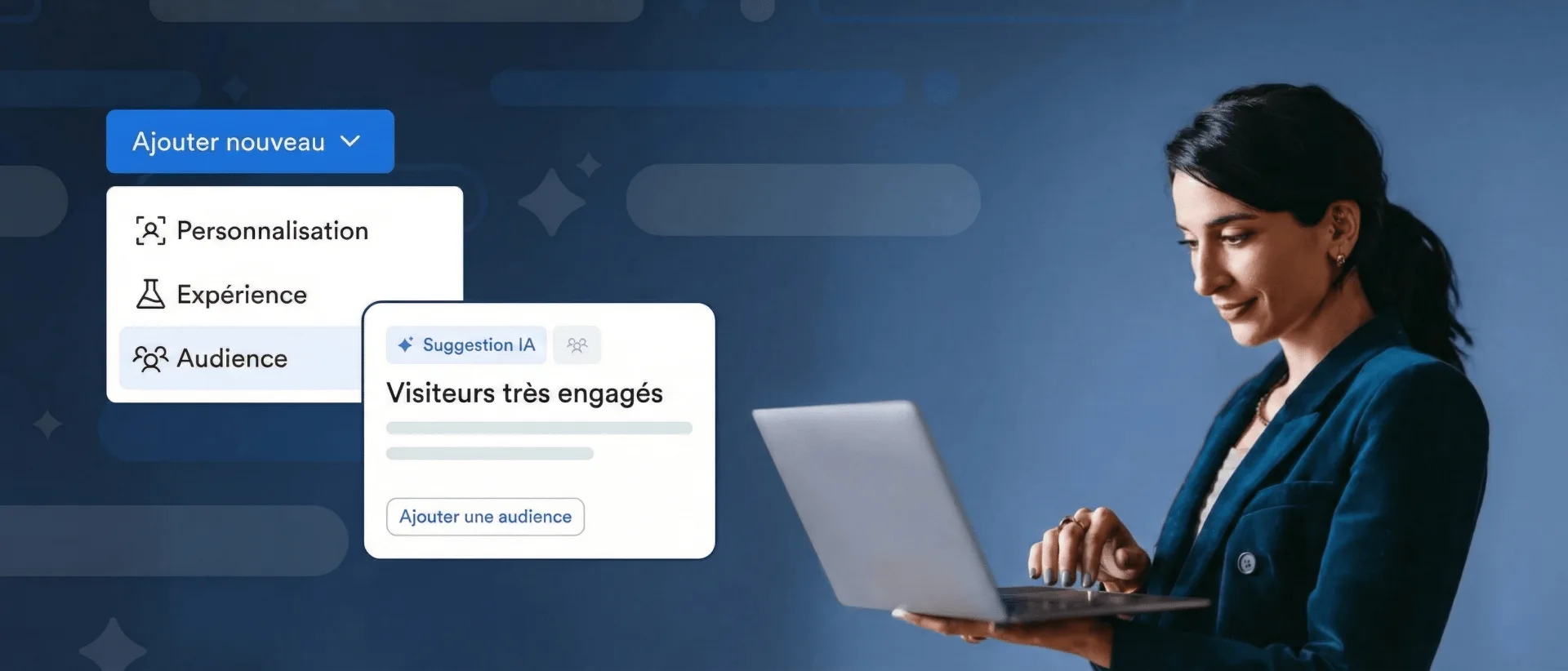Interface professionnelle sur un ordinateur portable montrant un menu de personnalisation et des options de ciblage d'audience sur fond bleu