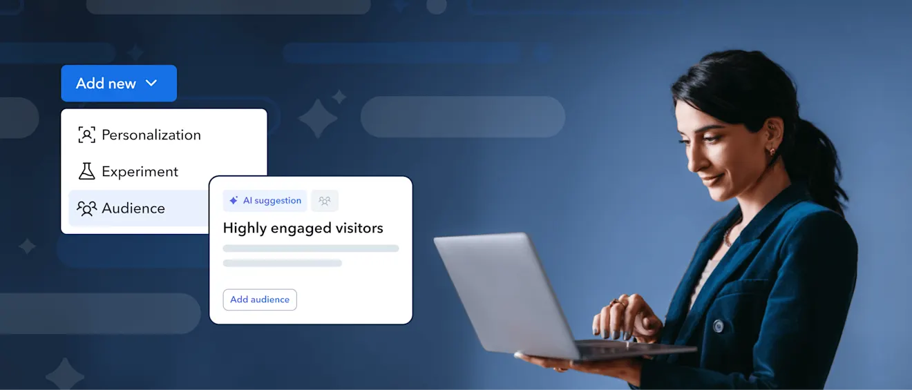 Professional using a laptop with interface showing personalization menu and audience targeting options against blue background
