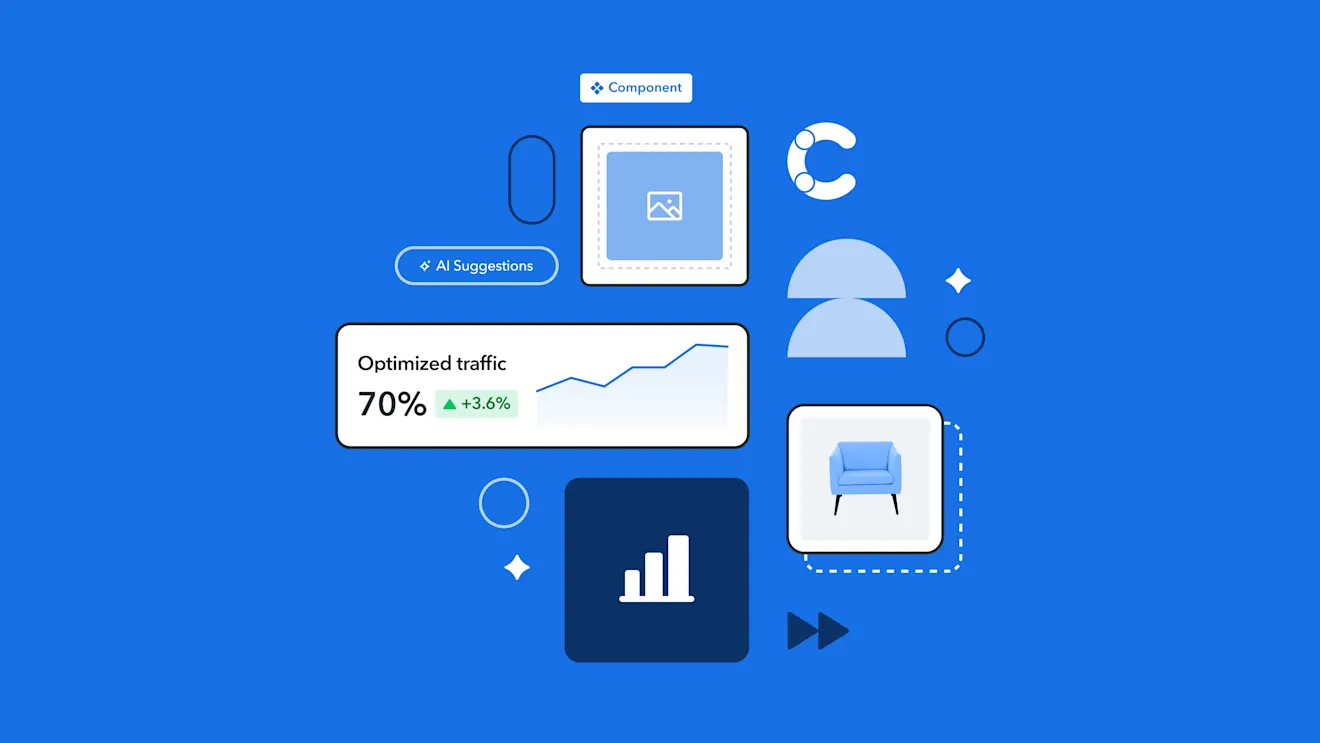 Illustration showing website optimization elements with 70% traffic increase graph, component icons, and blue armchair product image