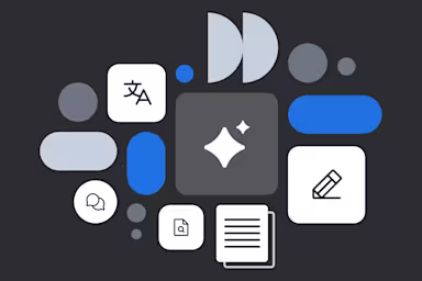 Abstract illustration of app interface elements with icons for translation, chat, search, editing and documents on dark background
