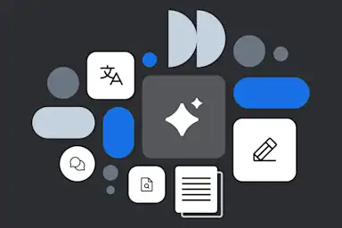 Abstract illustration of app interface elements with icons for translation, chat, search, editing and documents on dark background