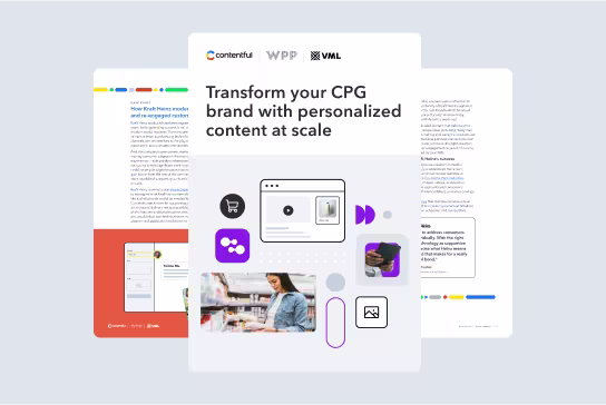 Marketing presentation slides showing CPG brand content transformation with colorful icons, screenshots and business imagery